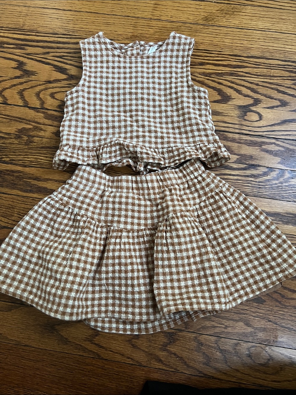 Rylee and Cru Kid's Two-Piece Brown Gingham Skirt Set